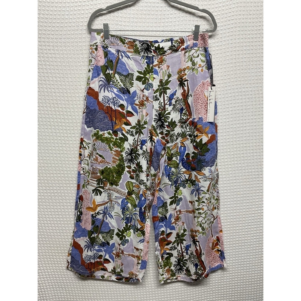 Nicole Miller Sz XL Tropical Linen Wide Leg European Flax Pants Resort Vacation